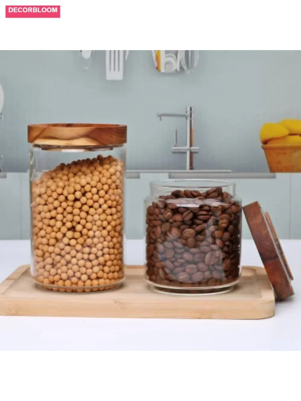 Set of 5 Glass Canisters with Wooden Lids for Kitchen Storage - Airtight